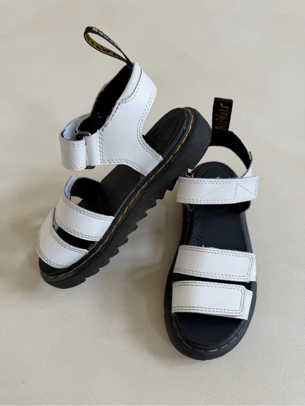 Dr. Martens Kids White Velcro Strap Sandals with Black Sole